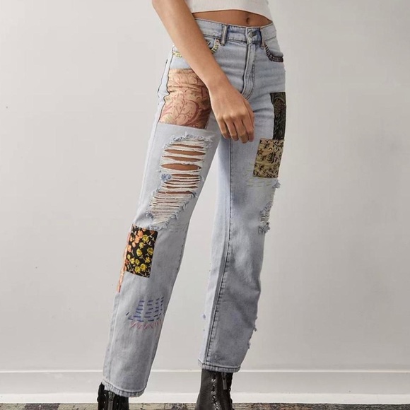 BDG Cowboy Jeans High Waisted Light Blue Patchwork Women Jeans - Picture 2 of 9